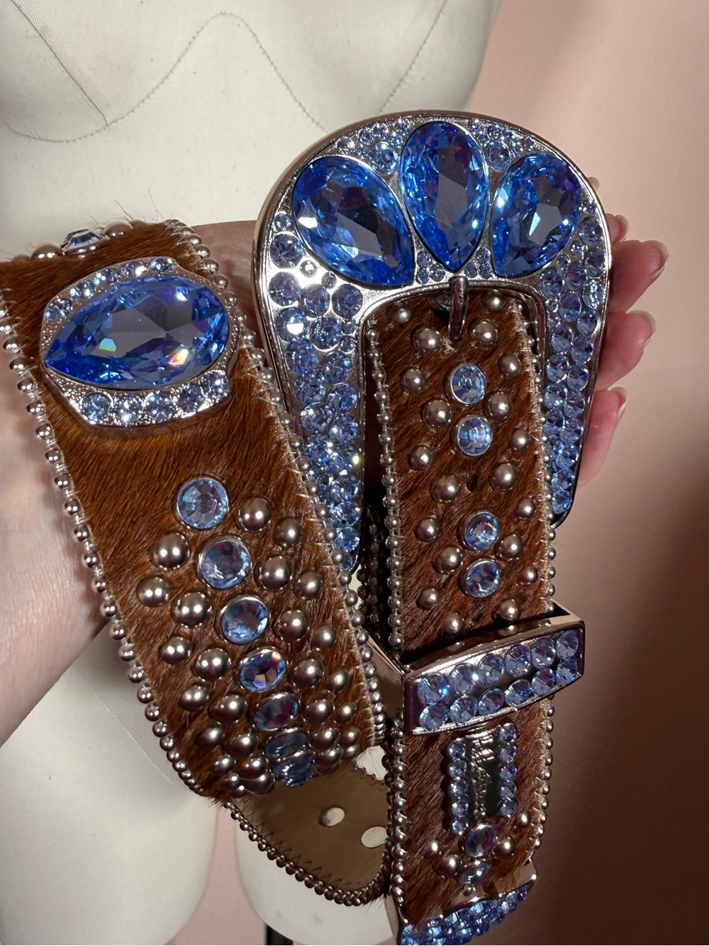 B.B. Simon Brown Pony Hair leather blue crystals Rodeo Queen Western Belt large